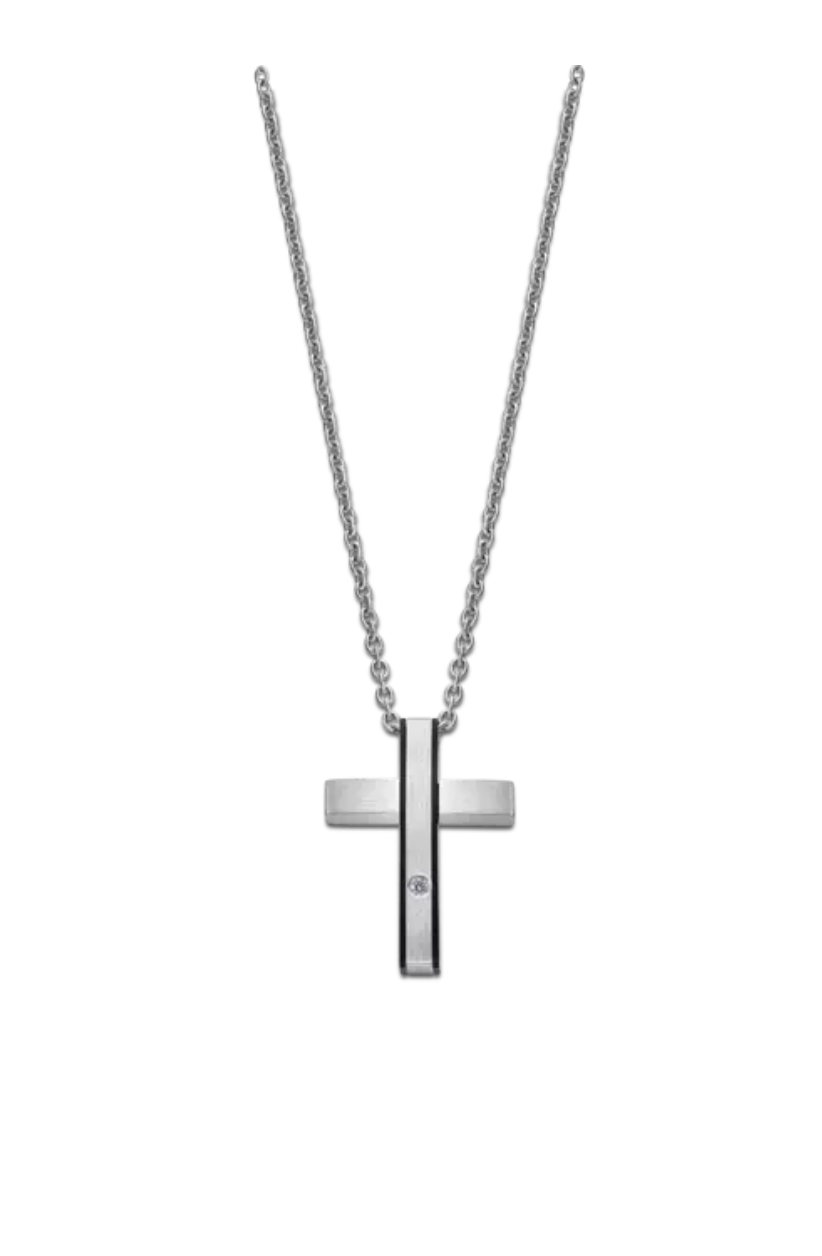 COLLIER CROIX LOTUS STYLE MEN IN BLACK ACIER INOXYDABLE HOMME