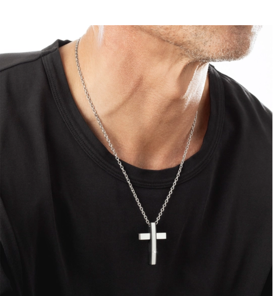 COLLIER CROIX LOTUS STYLE MEN IN BLACK ACIER INOXYDABLE HOMME