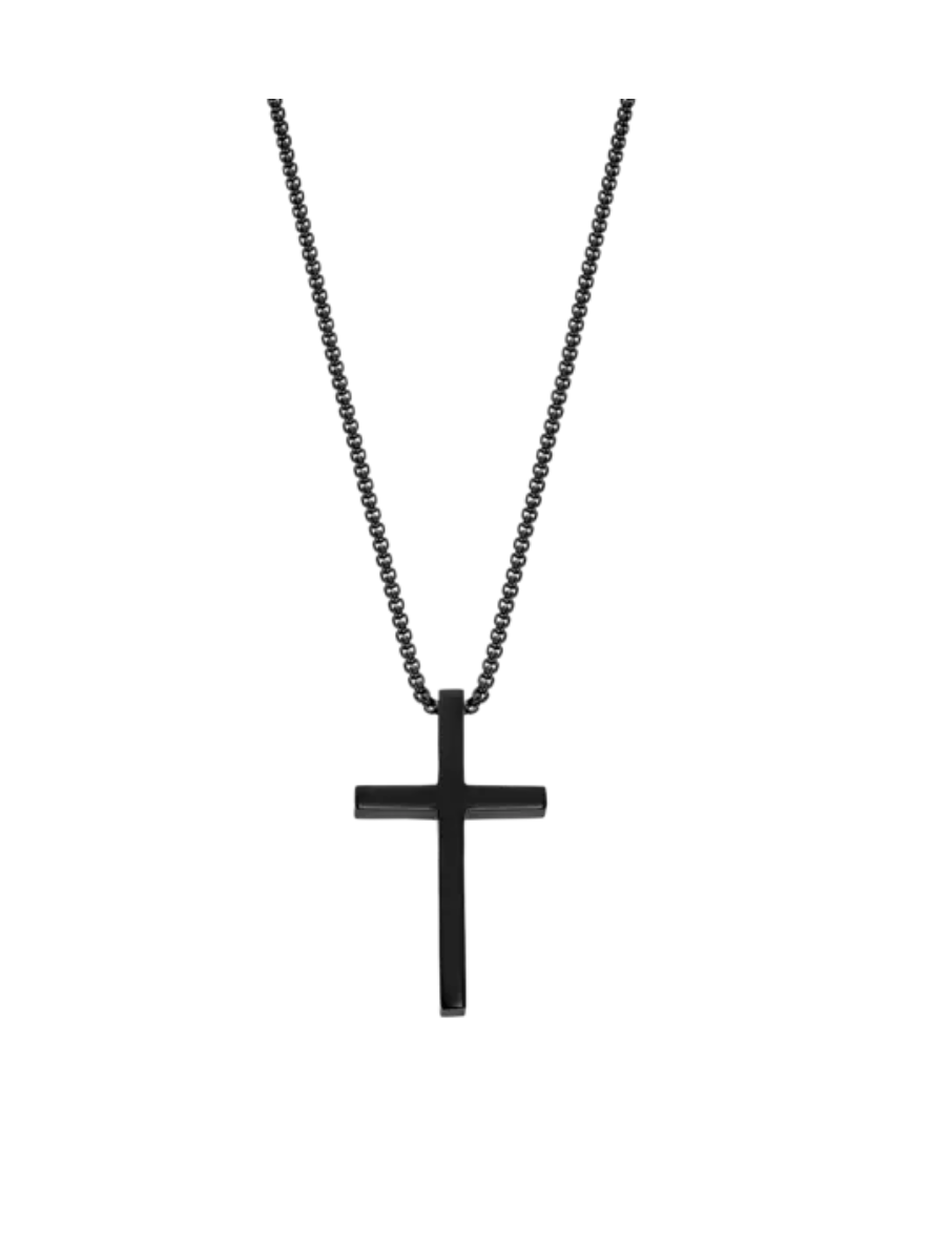COLLIER CROIX LOTUS STYLE MEN IN BLACK ACIER INOXYDABLE HOMME