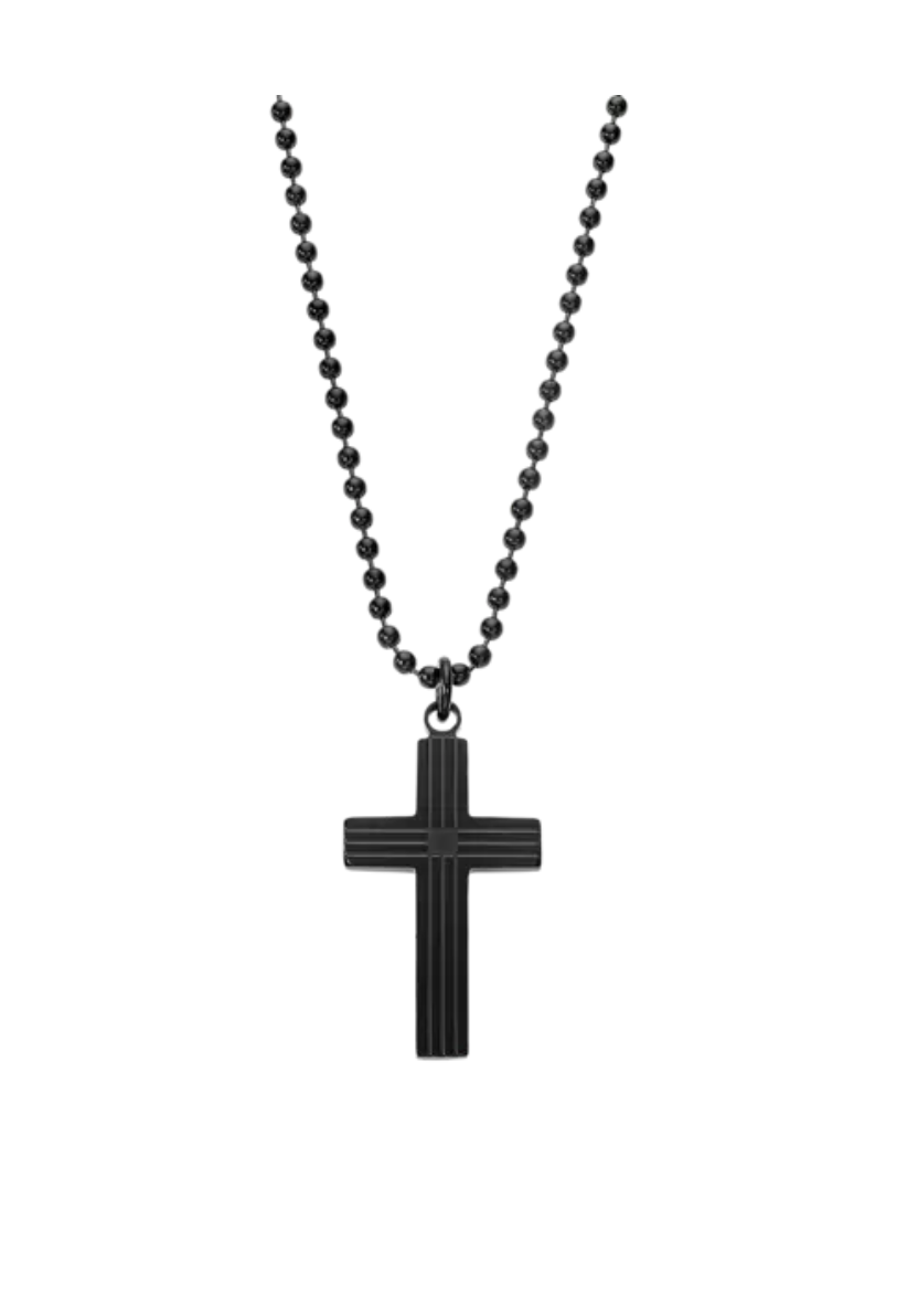 COLLIER CROIX LOTUS STYLE MEN IN BLACK ACIER INOXYDABLE HOMME