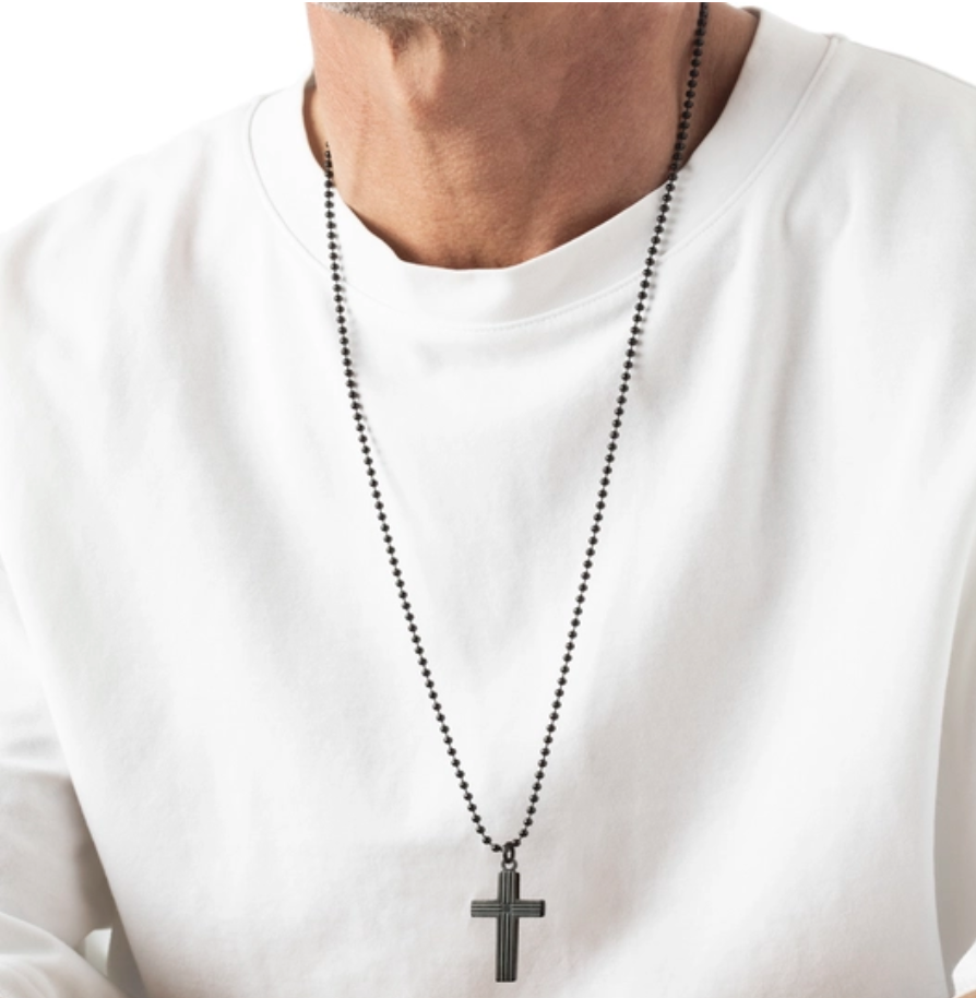 COLLIER CROIX LOTUS STYLE MEN IN BLACK ACIER INOXYDABLE HOMME